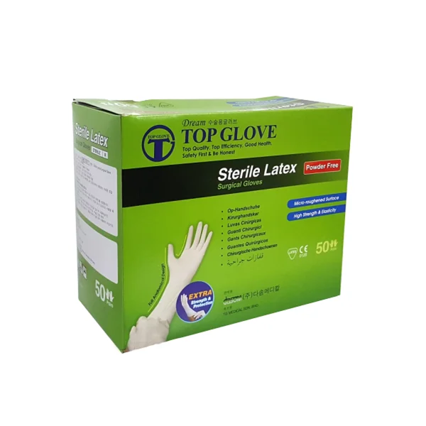 DASOM/ TOP GLOVE Sterilized Surgical Gloves Size 8.0 (10g, Green Case, 50 Pairs/ PACK, Latex/ Powder - Free)