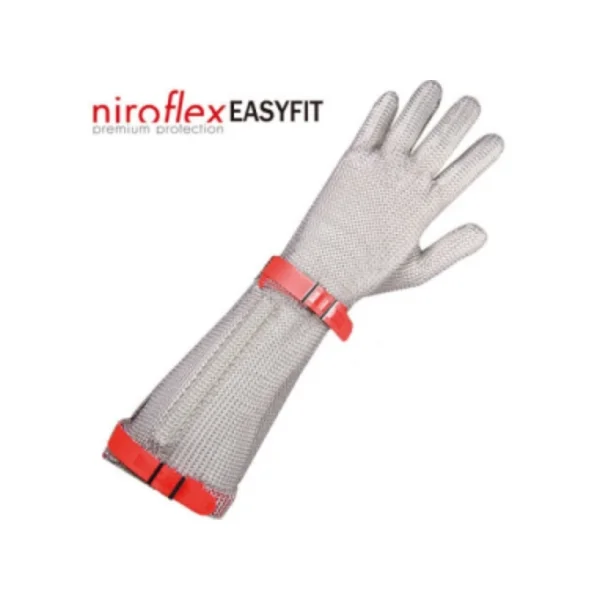 [NIROFLEX] Cut - Resistant Chainmail Glove 5 Fingers (Wrist 7.5cm) (M/ Silver+Red, Single Hand, CE Certified/ Stainless Steel Rings)